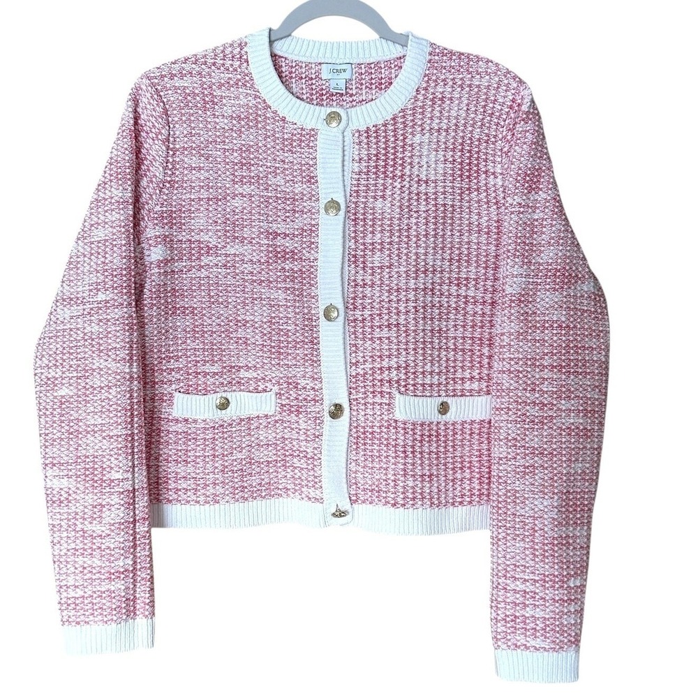 J.Crew Lady Cardigan Sweater‎ Womens Size L Pink White Tweed Knit Gold Buttons